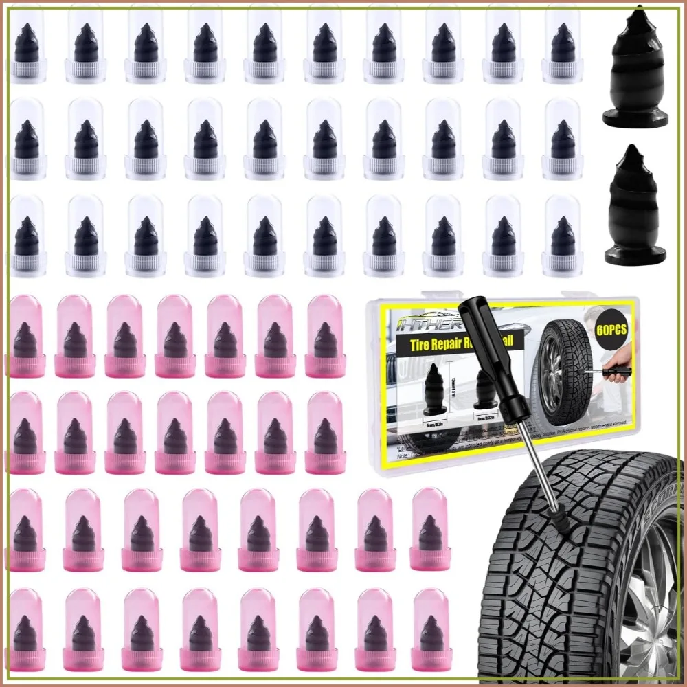 

61 PCS Screw Type Tire Repair Plugs Kit with Driver - Quick Tire Plug for Cars, Motorcycles, Trucks, Tractors, Bicycles