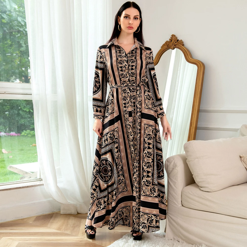 Southeast Asian Ethnic Print Shirt Dress for Women Autumn 2021 Middle East European and American Arabic Oman Muslim Clothing New