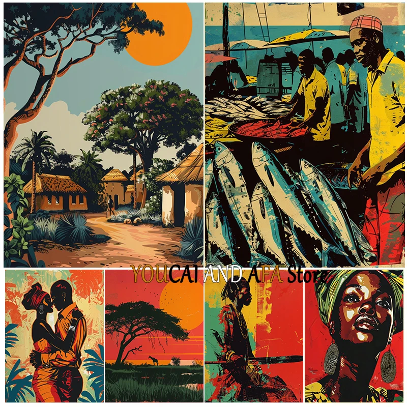 African Dancing Fish Market Safari Africa Village Maasai Warrior Black Art Poster Canvas Painting Wall Pictures Home Room Decor