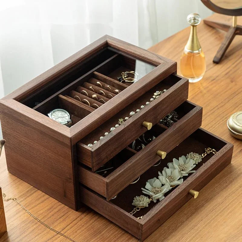 Black Walnut Wood Jewelry Organizer Boxes Upscale Exquisite Storage Container Vintage Multilayer Ladies Makeup Cases