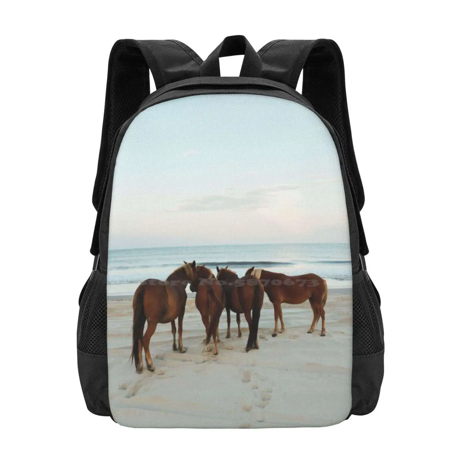 Coastal Horse Meeting Fashion Pattern Design Travel Laptop School Backpack Bag Horse Beach Coast Ocean Atlantic Wildlife Sunset