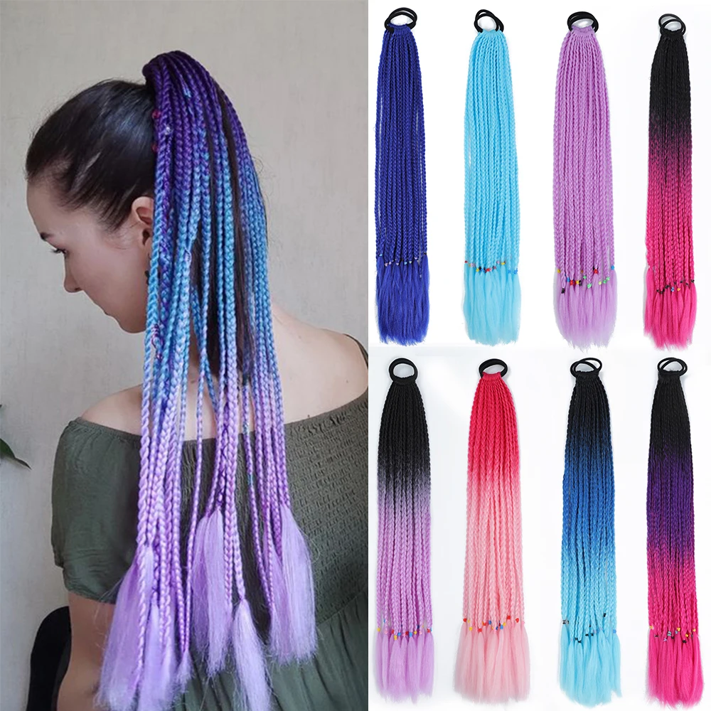 Synthetic Rainbow Color Braided Ponytail For Girls Hair Elastic Rubber Band 22inch Kids Box Pigtail Pony Tail Hair Extensions