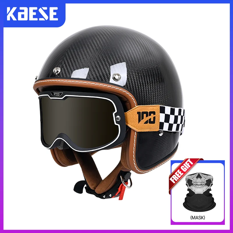 

Open Face Helmet Carbon Fiber Motorcycle DOT ECE Ultra Lightweight 900g Only for Men Women Riders Retro Style with UV Visor