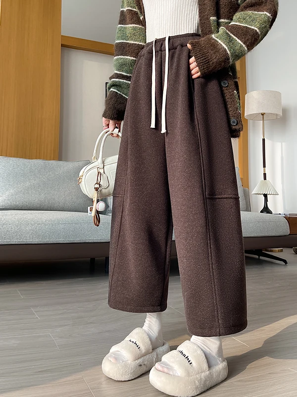 Damskie zimowe spodnie z szerokimi nogawkami, ocieplane polarem, codzienne, z wysokim stanem, prosty krój, mieszanka wełny, modne spodnie dla kobiet.
