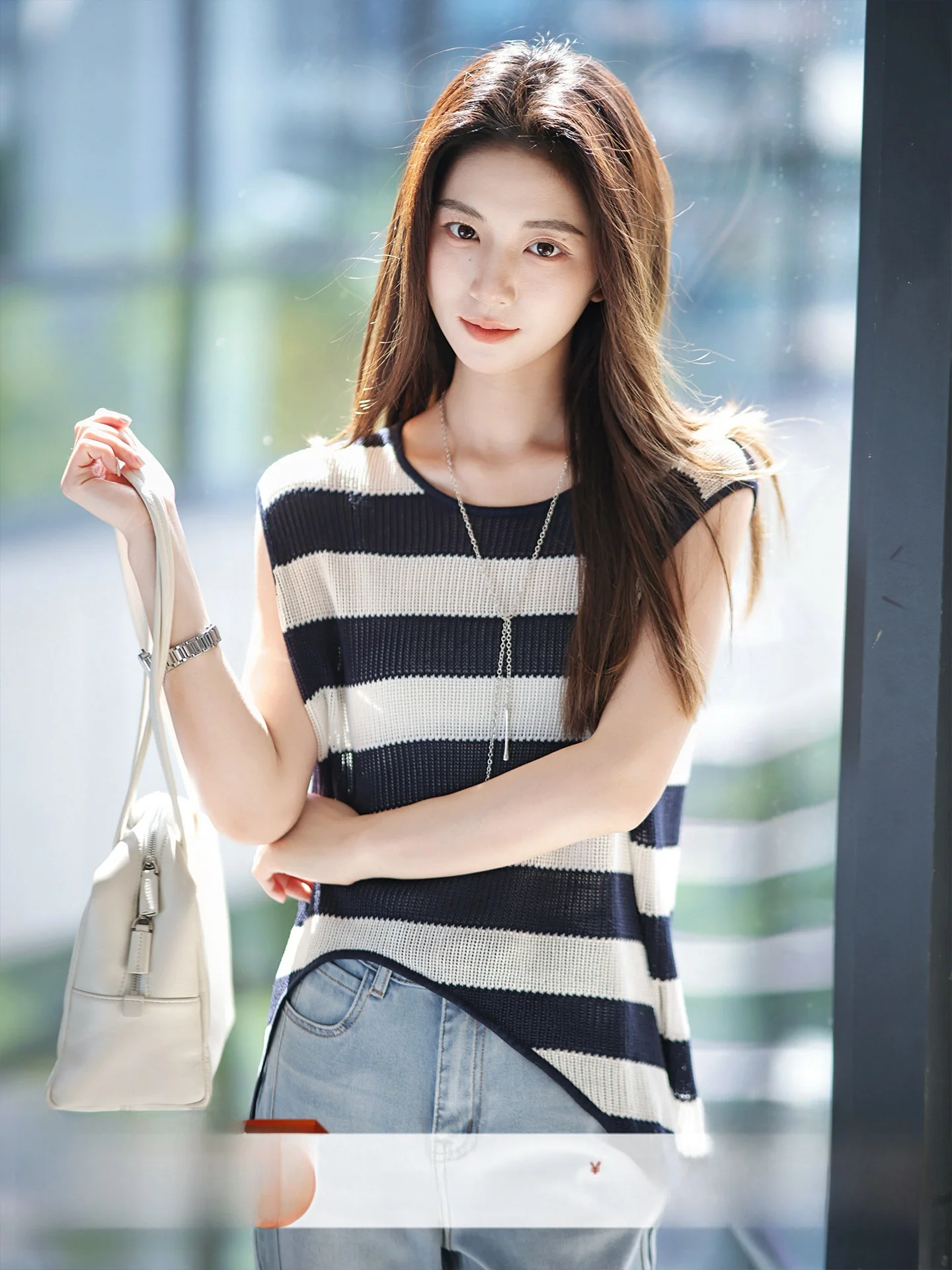 

ZhaodaXi Silk Knitted Vest Women's Slim Fit Striped Parallel Line Vest Comfortable Skin-Touch Silk Outerwear Top