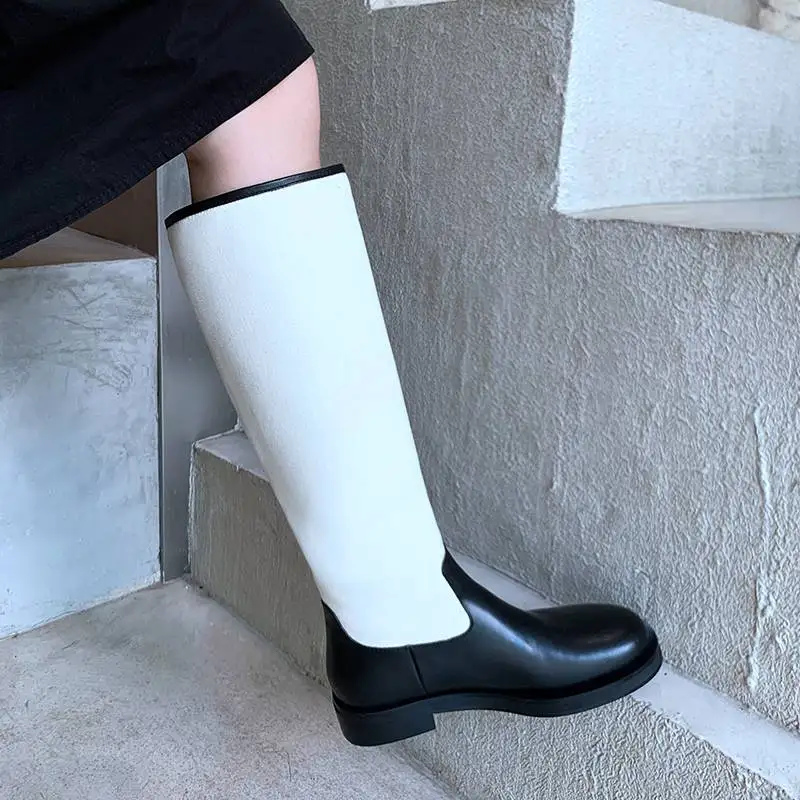 Krazing Pot Kuhle der runde Zehen Reitstiefel Med Heels Street Wear gemischte Farben Spleißen Online-Star Slip auf oberschenkel hohen Stiefeln