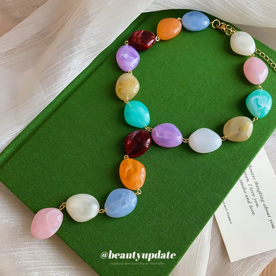 Multi Color Pebble Stone Choker Necklace Unique Marble Texture Y-Shape Drop Lariat Irregular Stone Beads Long Neckwear