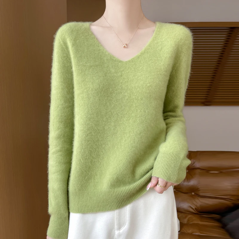 Autumn and winter new women\'s first-line ready-to-wear 100% pure wool V-neck solid color loose warm cashmere pullover top