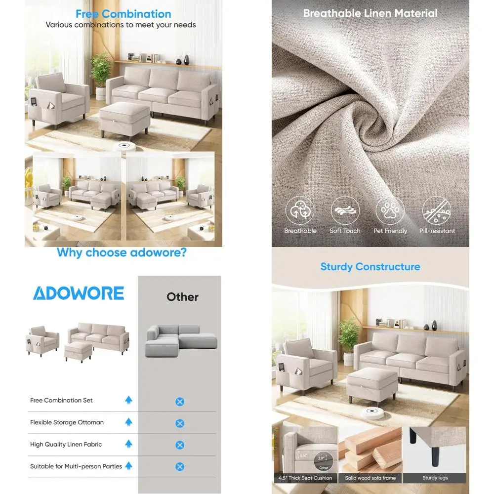 طقم أريكة غرفة المعيشة مكون من قطعتين، أريكة بثلاثة مقاعد مع مسند تخزين وكرسي بذراعين، أريكة مقطعية على شكل حرف L من قماش الكتان مع فردي