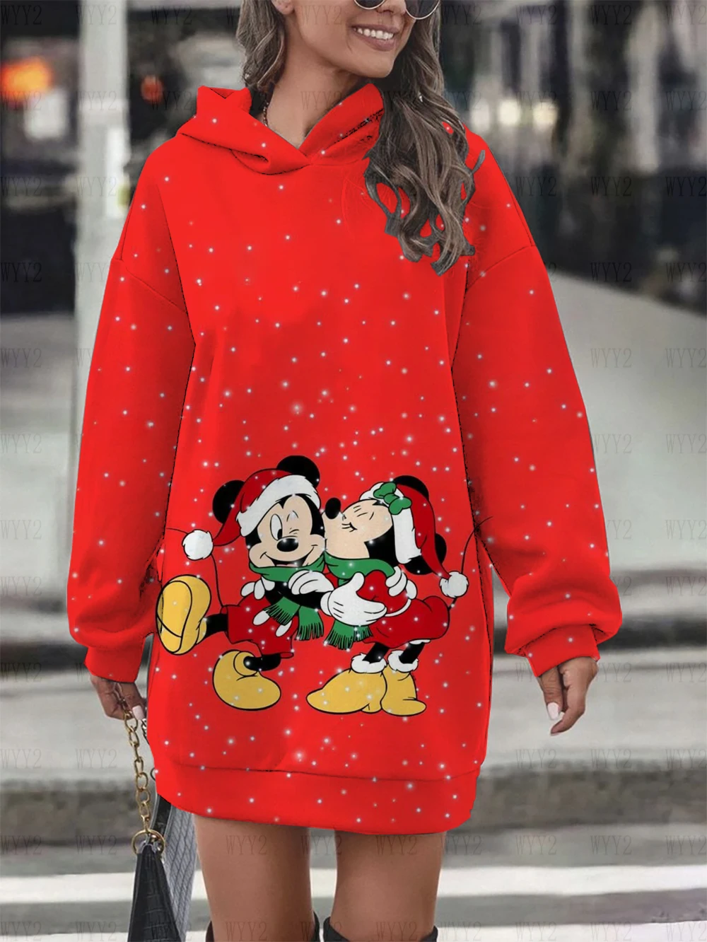 Disney Christmas Snowflake Mickey Mouse Versatile Printed Top Pullover Hooded Women\'s Sweatshirt Printed Casual Street Loose