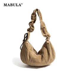 MABULA Soft Corduroy Hobos Bag Stylish Lady Handbag Pleated Drawstring Strap Design Retro Solid Color Shoulder Purse For Phone