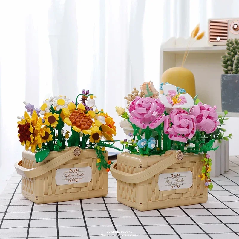 Sunflower Rose Flower Basket With Light Plant Mini Building Blocks Toy Desktop Decoration Adult Romantic Gift Kids Holiday Gifts