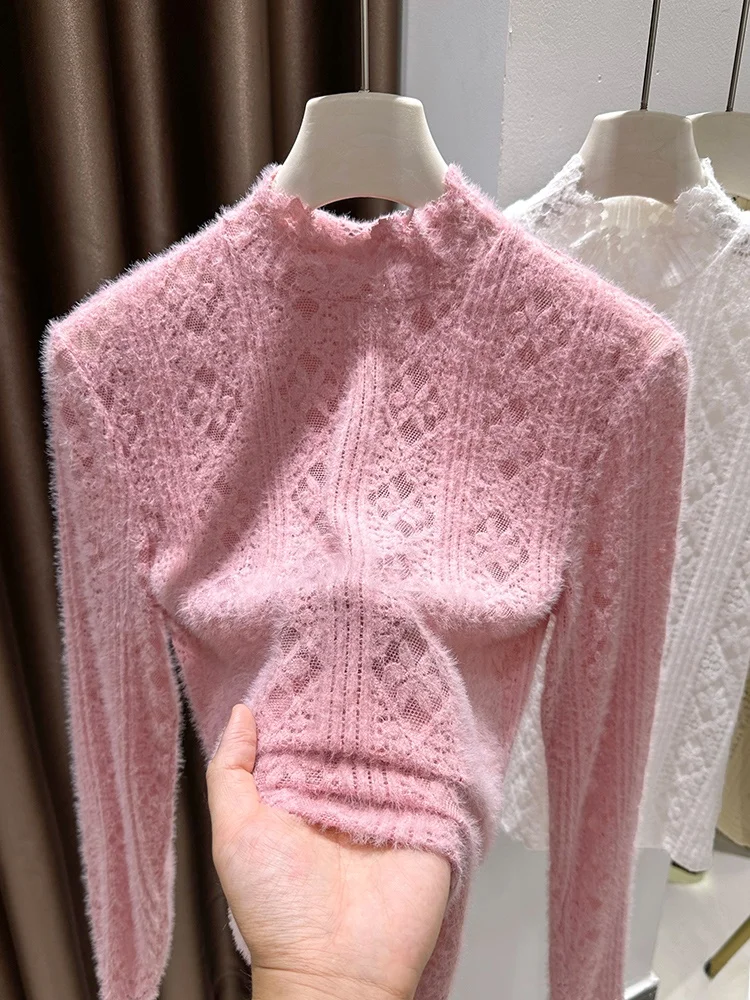 

Sweet Pink Floral Lace Base irt Women's Autumn Winter f High Collar Soft Fuzzy Inner Wear High Net irt Nylon Spandex