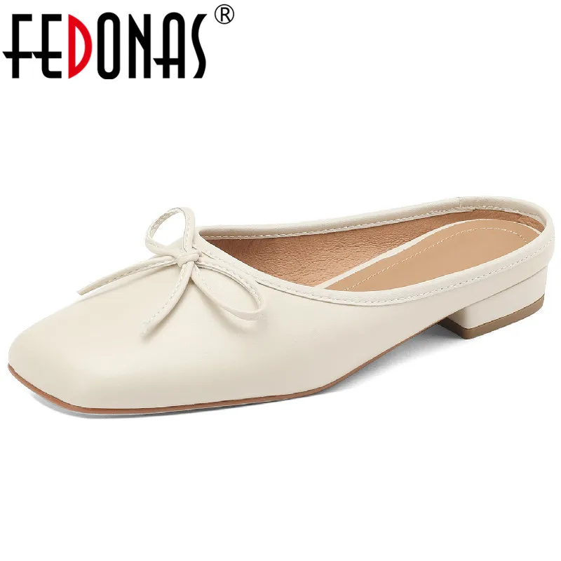 FEDONAS Women Sandals Genuine Leather Mules Slippers Square Toe Low Heels Sweet Fashion Butterfly Knot Shoes Woman Casual Office