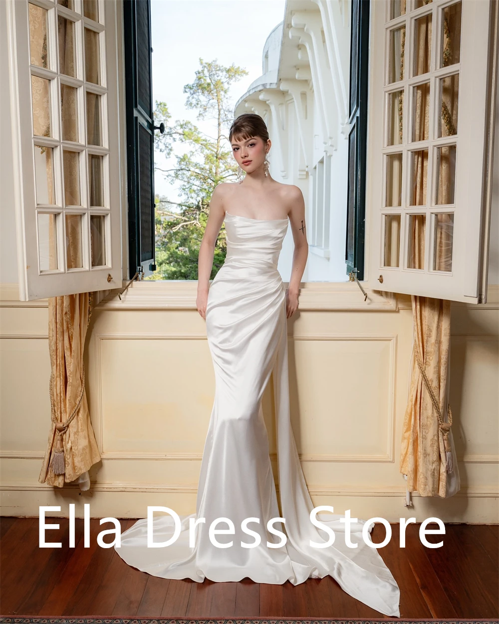 Aangepaste witte satijnen avondjurk van hoge kwaliteit Temperament Strapless Mouwloos Zeemeermin Ruglooze Op maat gemaakte gelegenheid G