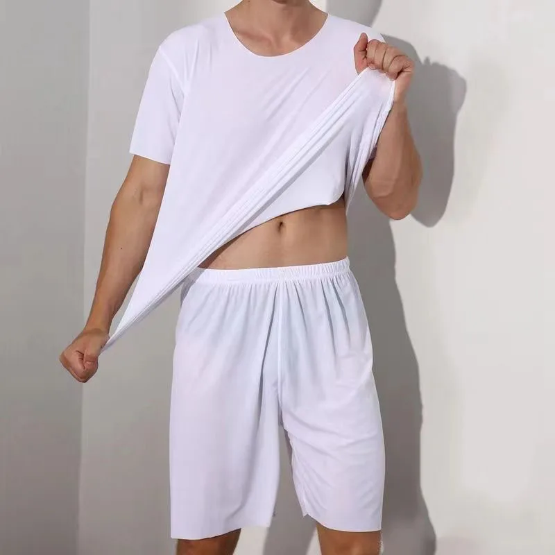 Large Size Men Pajamas Set Ice Silk Sense Round Neck Solid Colour Short Sleeve T-Shirt Student Short Sleeve Shorts Two-Piece Set