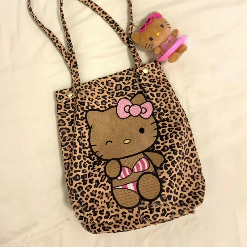 MBTI Y2k Hello Kitty Shoulder Bag for Women Canvas Leopard Print Embroidery Cartoon Handbag Hong Kong Style Fashion Armpit Bag