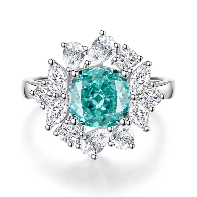 Original Design 925 Sterling Silver Pure Square Small Green Paraiba Ring Women High Carbon Diamond Ice Flower Cut Finger Ring