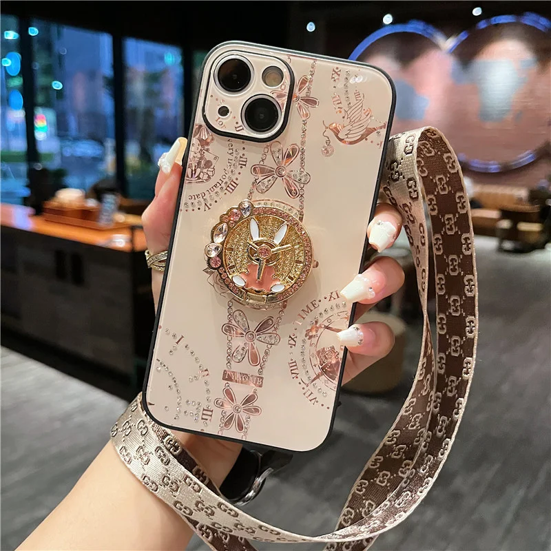 

Luxury Glitter Diamond 3D Rabbit Ring Holder Lanyard Phone Case For iPhone 16 15 14 Plus 13 12 11 Pro Max Silicone Crystal Cover