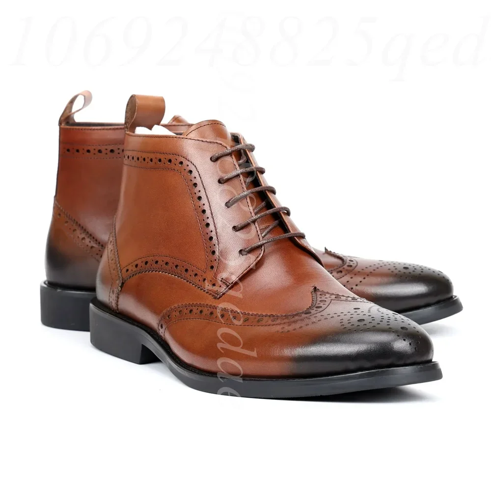 Lace-Up Brogue Chukka Boots, Wingtip Detail, Burnished Finish, Pointed Toe, Non-Slip Rubber Sole, Comfortable Footwear for Men