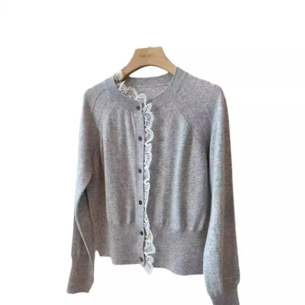 

Age-Reducing Comfortable 100% Wool Cardigan Soft Waxy Delicate Asymmetric Lace round Neck Shoulder F090307 Women's Fashion Top