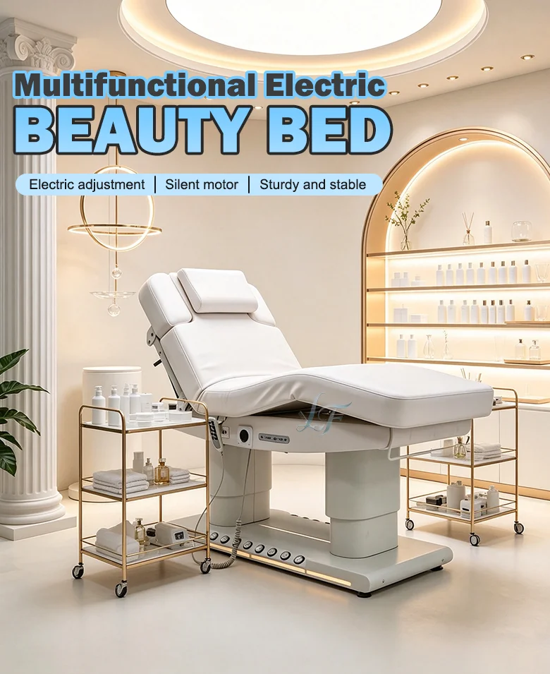 Elektrisches 4-Motor-Massage-Schönheitsbett mit Heizung, LED-Licht, Fußpedal, Handsteuerung, Anpassbarer Lederfarbe, Salon-Gesichtsbehandlungsbett – Detail 1