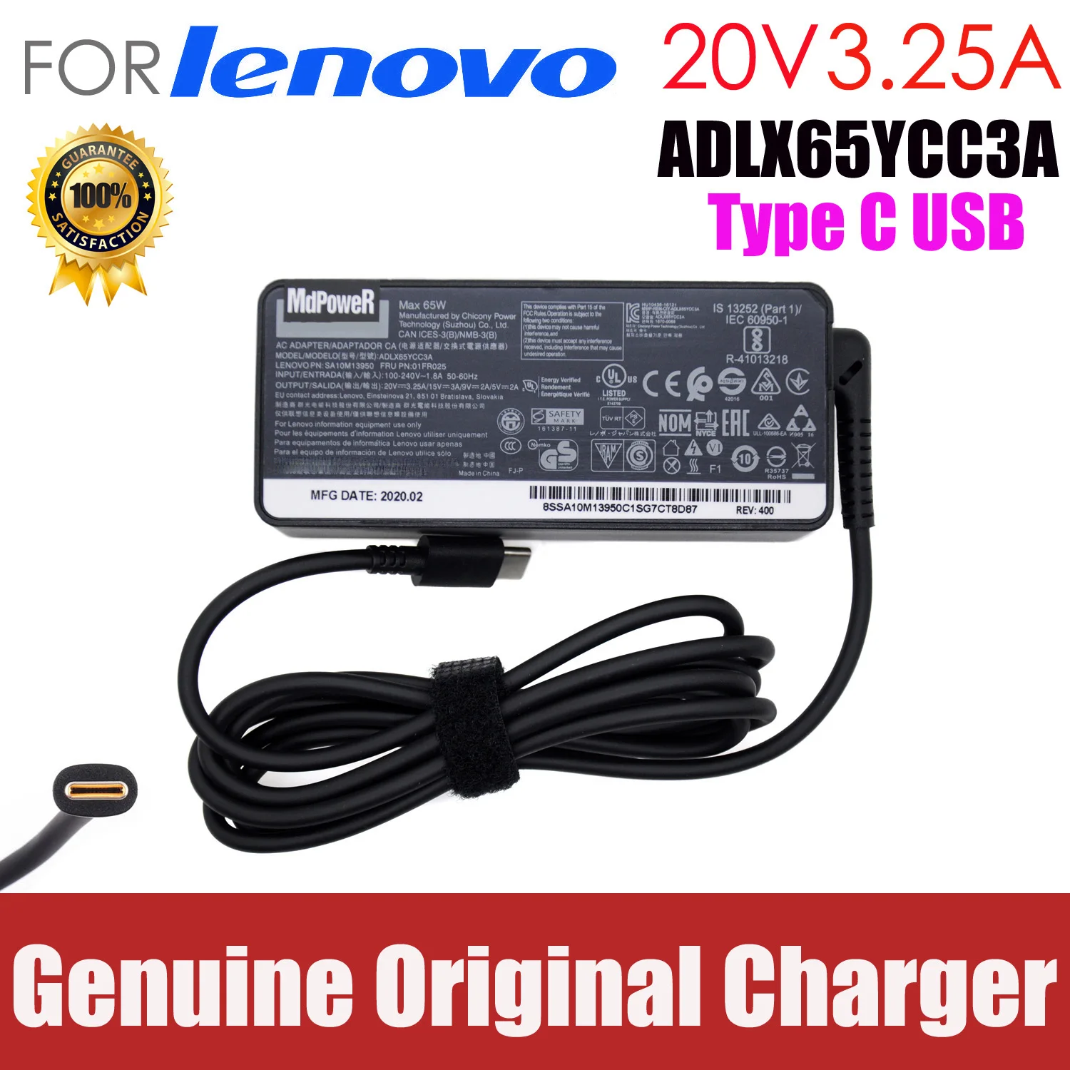 

Original 65W 20V 3.25A Type C AC Adapter Laptop Charger for Lenovo ThinkPad 25 S1 2018 X380 yoga s2 2017/2018 X280 L380