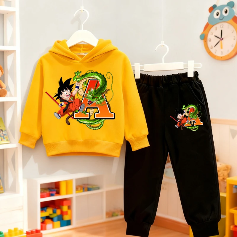 

Dragon Ball Thick Hoodie Suit Anime Children's Casual Tops and Bottoms Clothes Set Cartoon Autumn/Winter Letters Print Clothing