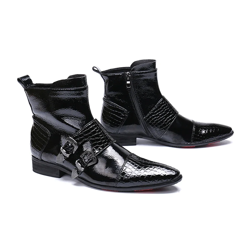 Black Buckle Patent Leather Low Heels Pointed Toe Zipper Boots Male Plus Size Fashion Party British Style Business Dress Shoes