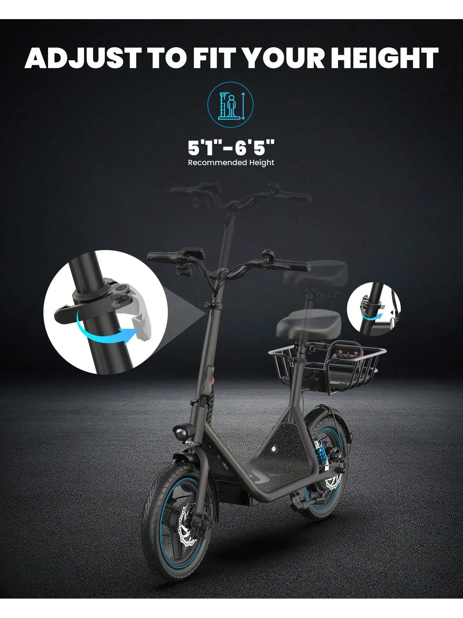 GYROSHOES 650W Adult Electric Scooter With Seat 36V 10.4Ah Battery 25 Miles Range 14 Inch Wheel Foldable E Scooter Dual Suspension UL2272 Certified Commuter E-Scooter With Basket LED Display Dual Disc Brake Load 265lbs view 4