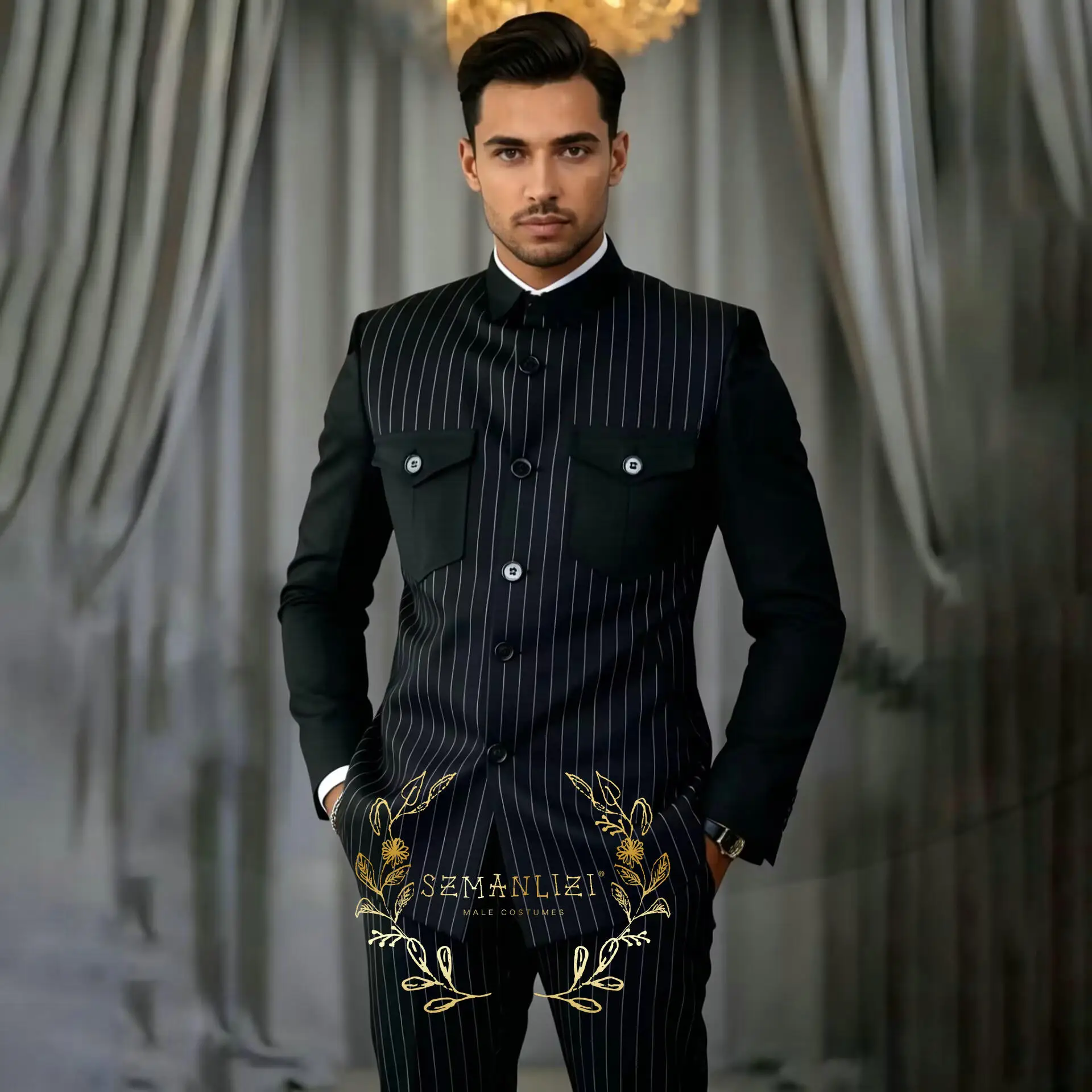 

Fashion African Men's Suits Navy Blue Striped Blazer Pants 2 Piece Stand Lapel Formal Wedding Male Outfits Costume Homme Set