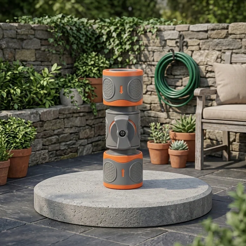 Garden Hose Coupler with Shutoff Valve Features Ergonomic Textured Sleeve for Improved Grip During Assembly or Disconnection