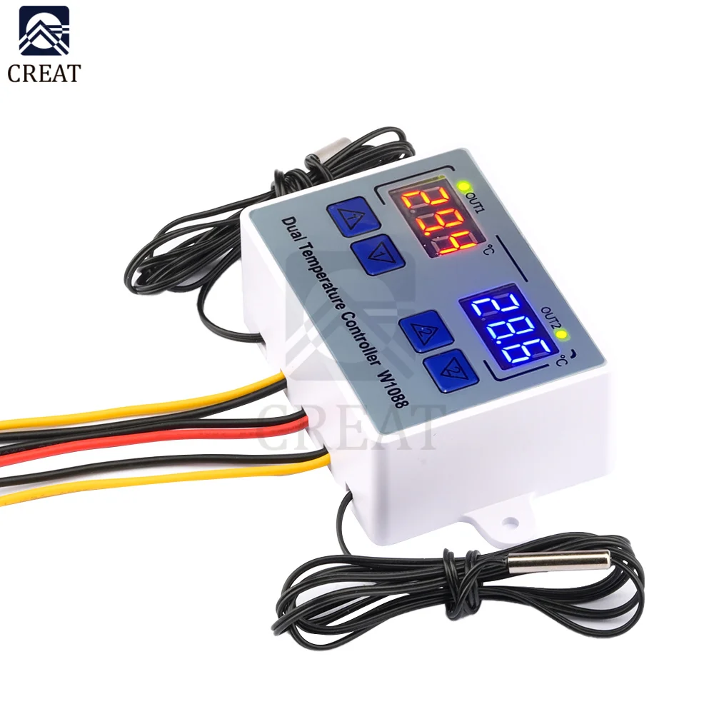 W1088 Dual LED Digital Temperature Sensor Meter Controller 12V 24V AC110-220V Thermostat Aquarium Incubator Thermoregulator