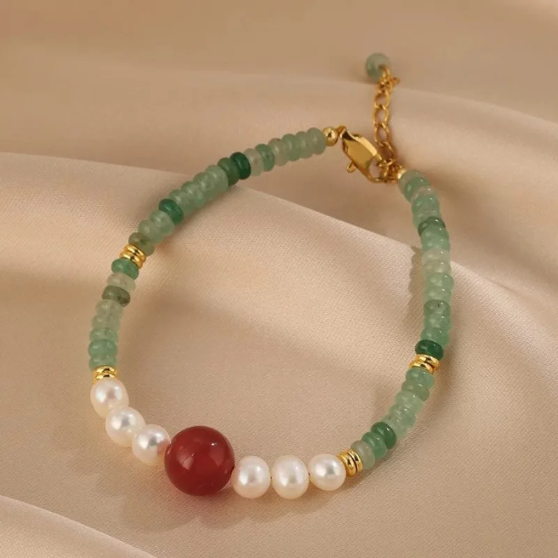 Minar Vintage Green Dongling Jade Red Agate Natural Stone Freshwater Pearl Beads Strand Bracelets for Women Girl Birthday Gift