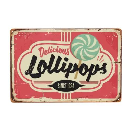 Bugana Delicious Lollipops Shop Metal Sign, Chic Vintage Tin Signs, Retro 8x12