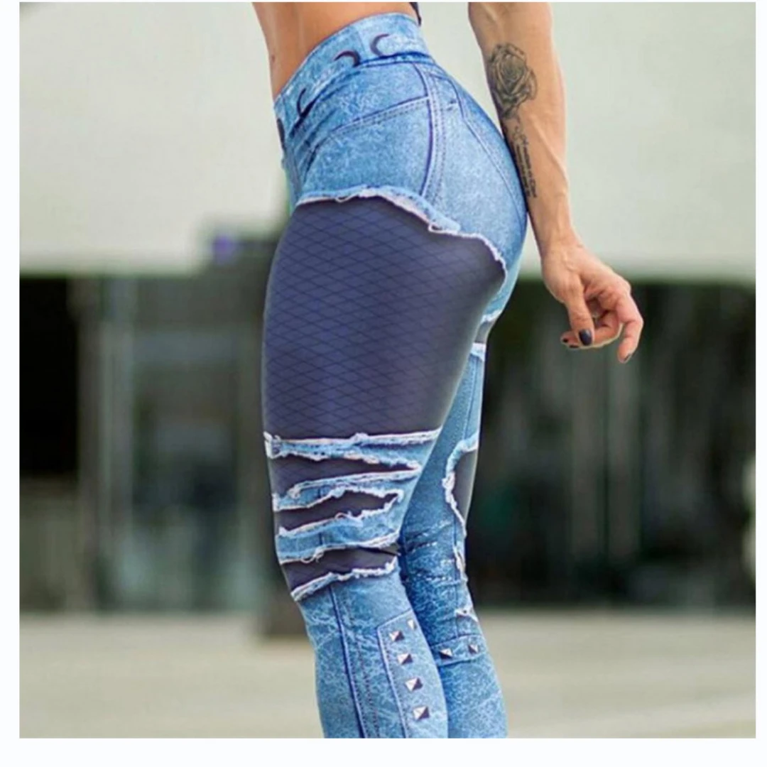 Summer Women’s Printed Patchwork Denim-Inspired High-Waist Compressive Thigh-Hugging Fitness/Yoga Pant