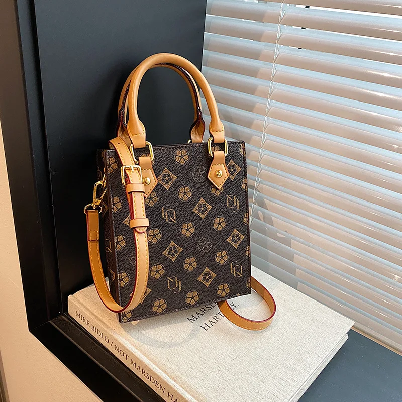 

2025 Vintage Print Square Tote Bag for Women Adjustable Crossbody Shoulder Purse with Top Handle