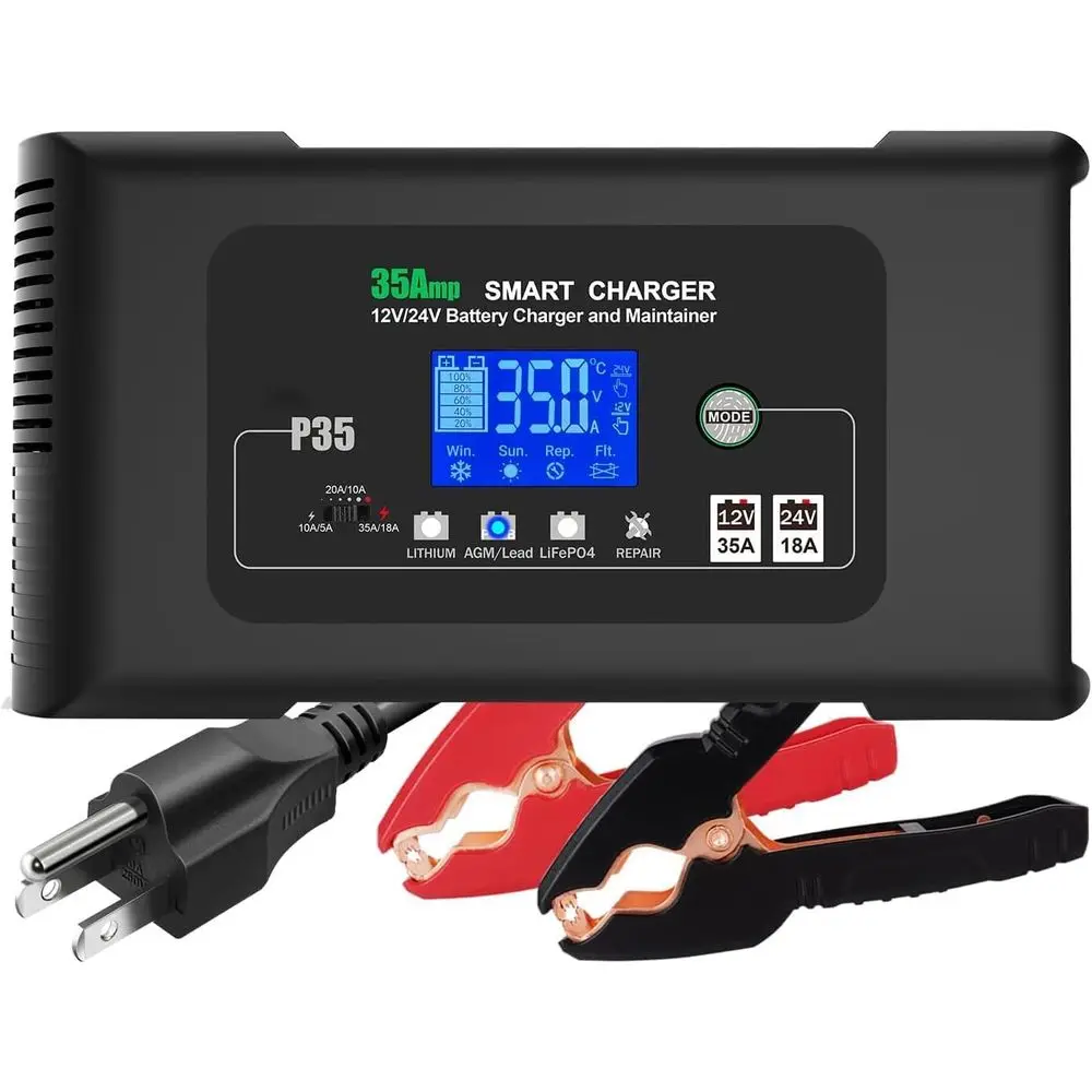 

35Amp Car Battery Charger, 12V 35A/24V 18A Lithium LiFePO4 Lead Acid AGM/Gel Charger, Battery Desulfator, Trickle Charger/Mainta