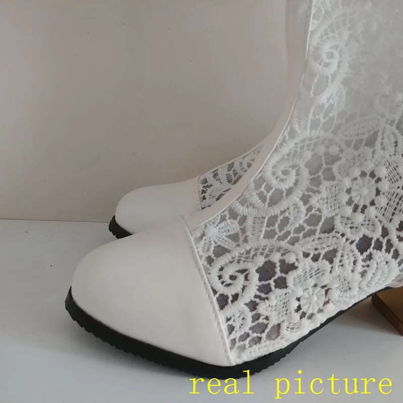 ORCHA LISA Spring Summer Boots Shoes Women Med Heels Knee Flower Lace Female Mujer Zipper Glitter Sexy White BiG Size 43 44 4546