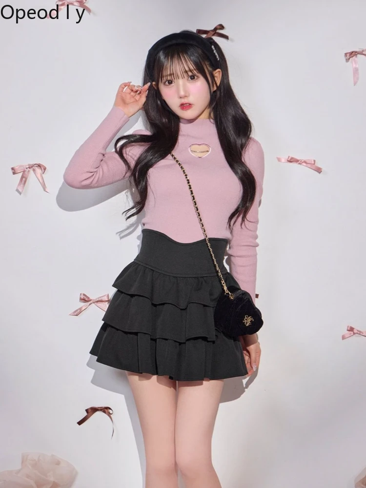 

Japanese Sweet Princess Style Lolita Multi-layer Cake Skirt 2026 New High Waist Thin Zipper Black A-line Skirt for Women