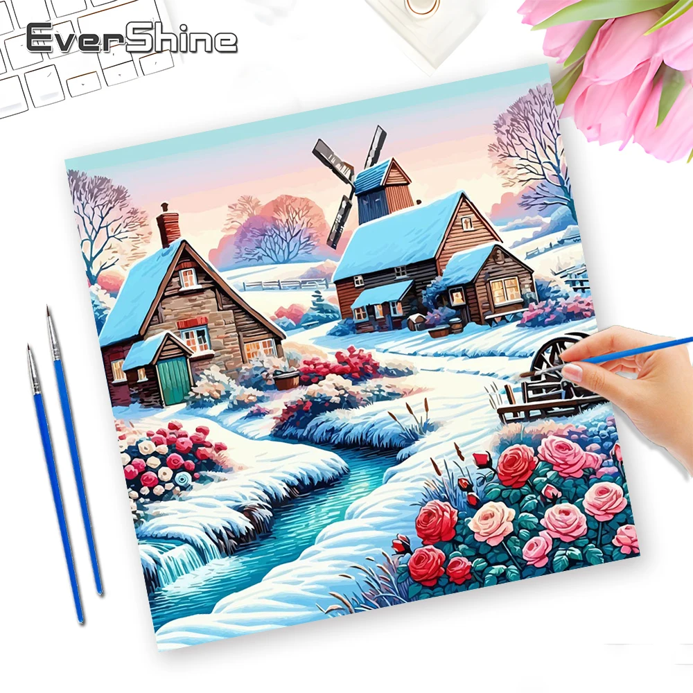 

Картина по номерам Evershine: Зимний пейзаж, рисование на холсте, цифровая живопись маслом, роза, дом, зимнее искусство для дома