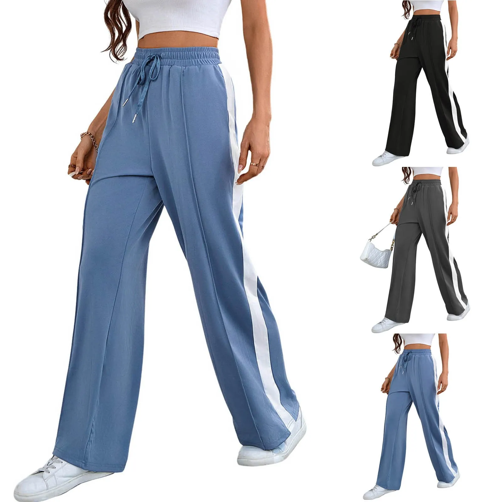 Wide Leg Sweatpants Women Baggy  Trendy Casual Drawstring Ribbed Waisted Pants Athletic Trousers  Pants женские Spodnie Damskie