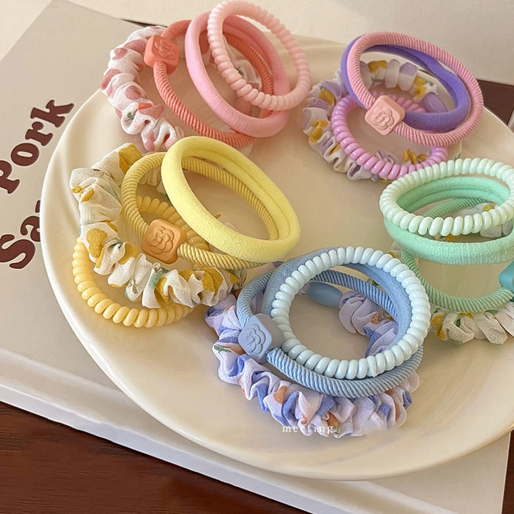 4pcs/Set Candy Color Telephone Scrunchies Multicolor Elastic Hair Ties Ponytail Holder Rubber Bands Teen Girls Summer Headwear