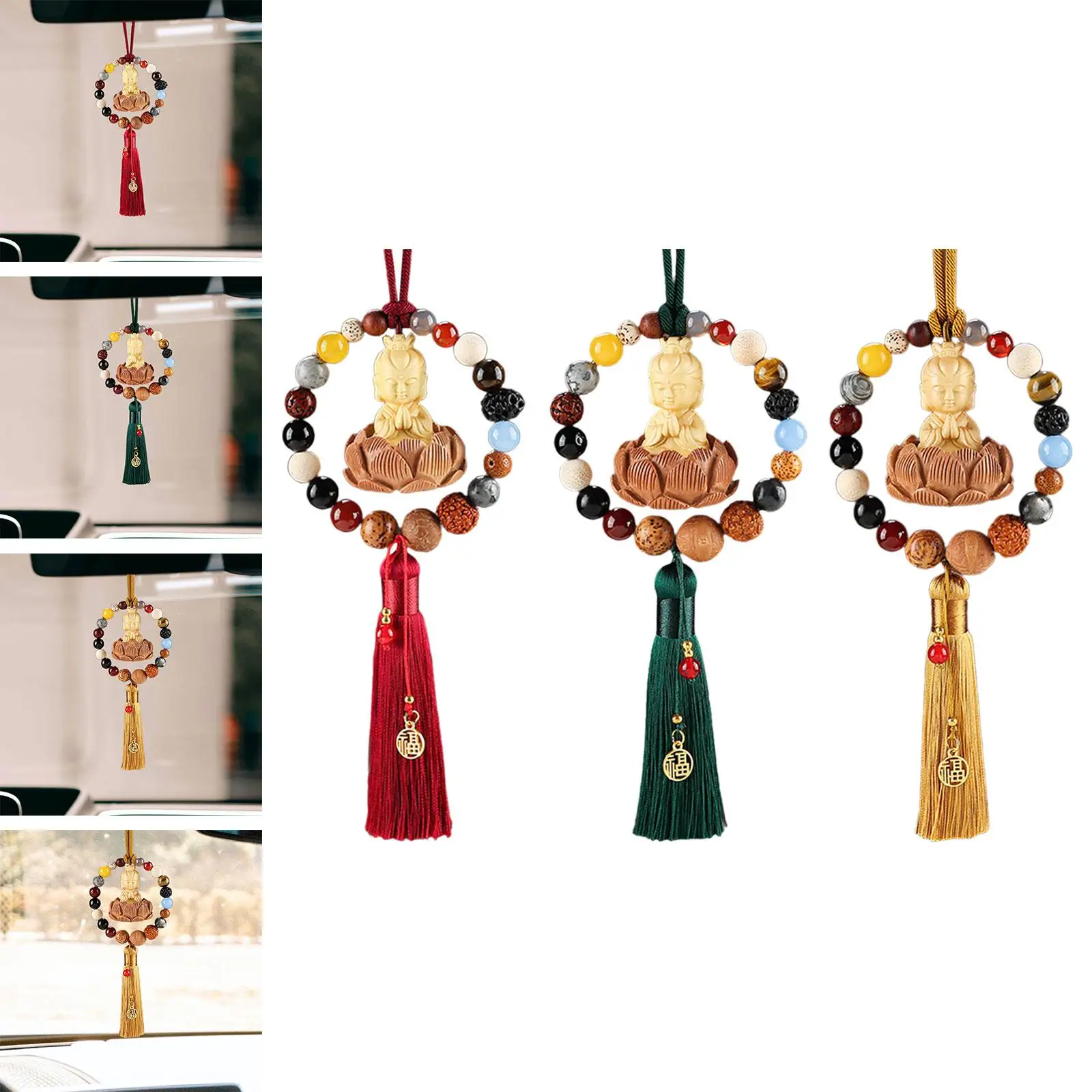 عام بوذا تمثال سيارة مرآة الرؤية الخلفية قلادة مع شرابة الخشب نعمة حسن الحظ الزخرفية العالمي المتدلي حلية