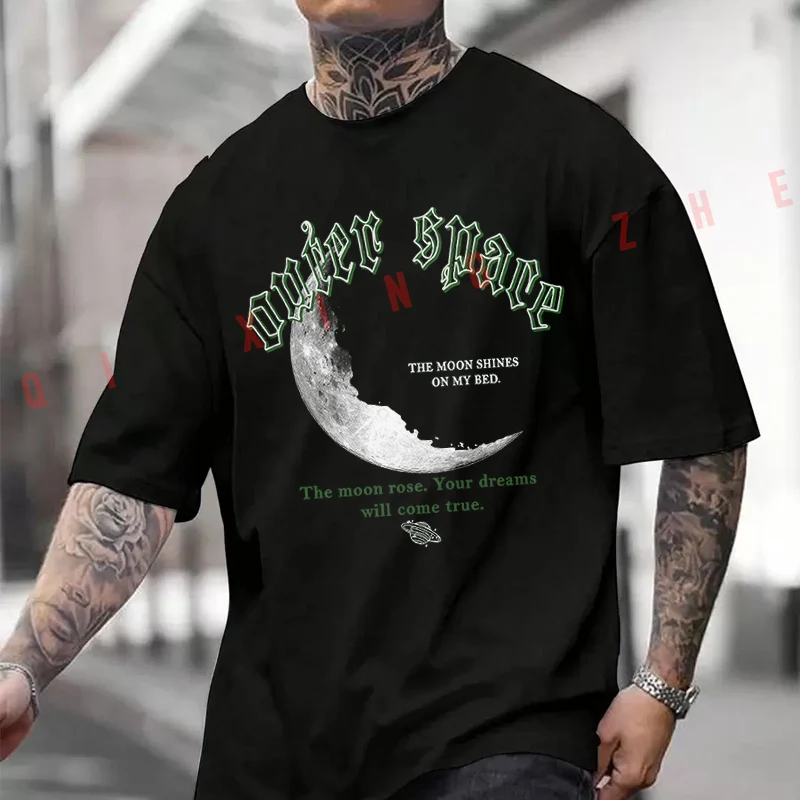

Space And Moon Design Motorcycle Printed T-Shirt Men's Fashion Short Sleeve Exquisite Design Essential Top Tees