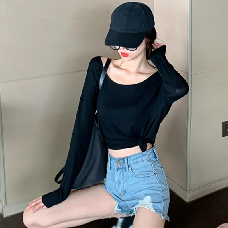 2024 Summer Fashion Sexy Korean Round Neck Sexy Open Back Loose Casual Versatile Long sleeved T-shirt