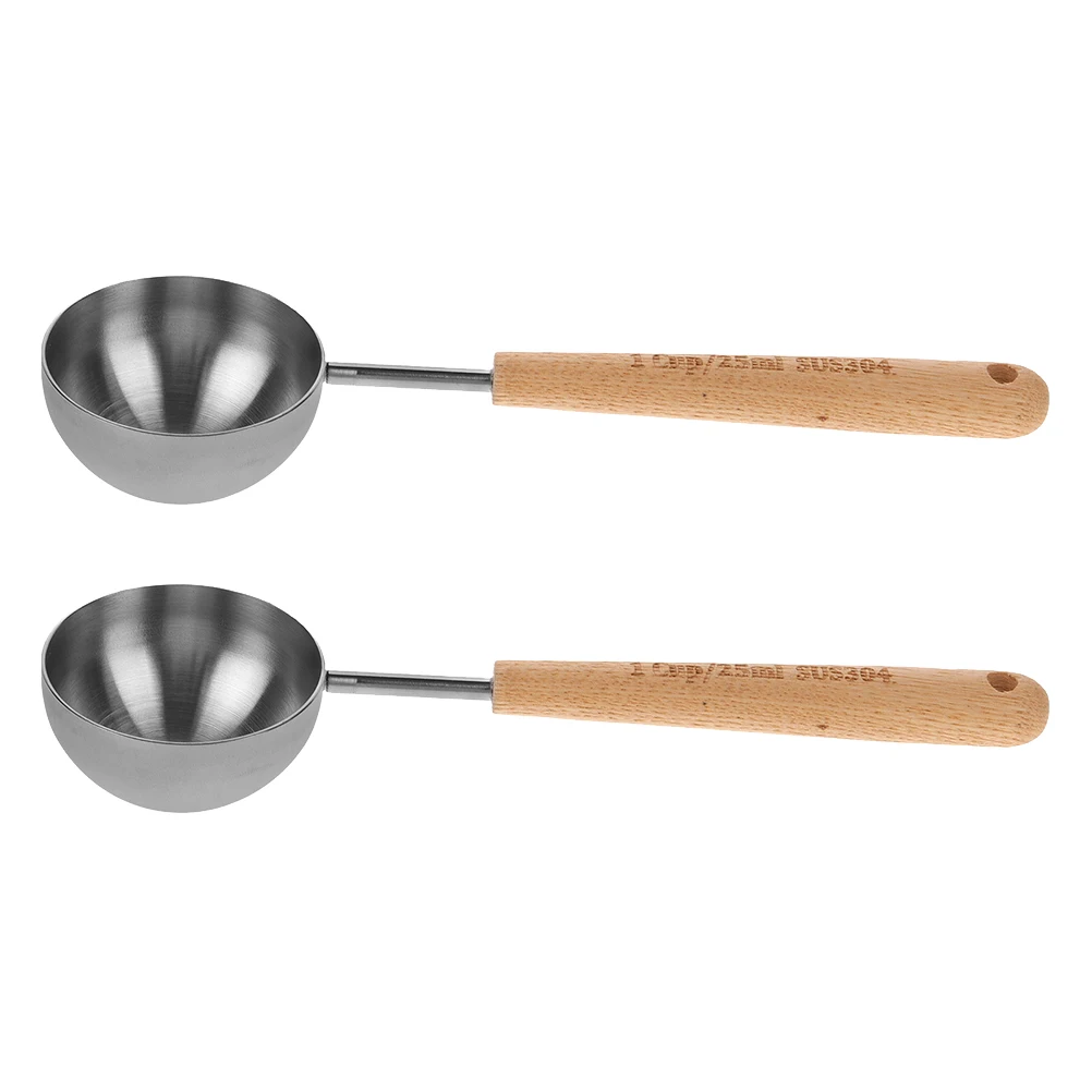 

2pcs Wooden Handle Measuring Spoon 25ml Silver Coffee Milk Powder Scoop Baking Tool Long Bean Ground Loose Tea Powder Measure