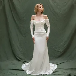 Modern Long Sleeves Pleat Satin Mermaid Wedding Dresses Sweep Train Custom Made 2024 Vestido De Noival