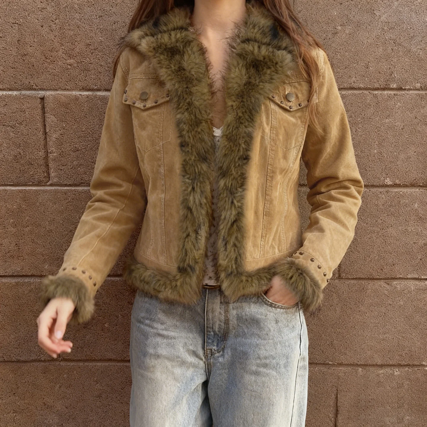 

Vintage Fur Trim Suede Jackets Y2K Slim Turn-Down Collar Long Sleeve Coats Women 2025 Autumn Winter Fashion Streetwear Ladies