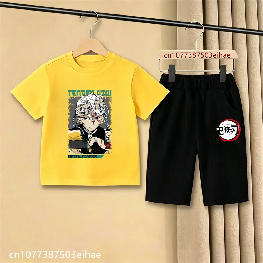 Kids Demon Slayer Comic Print Short Sleeve T-Shirt And Casual Shorts Set Ghost Blade Style Summer Outfit for Daily Playwear